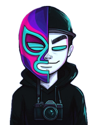 Auto-generated description: A character with a half-mask in vibrant colors, wearing a hoodie, cap, and carrying a camera.