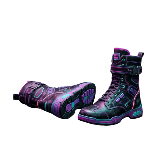 A pair of futuristic, high-top boots in black and purple with neon accents.