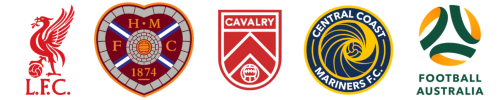 Auto-generated description: Five football club logos are displayed in a row: Liverpool, Heart of Midlothian, Cavalry FC, Central Coast Mariners, and Football Australia.
