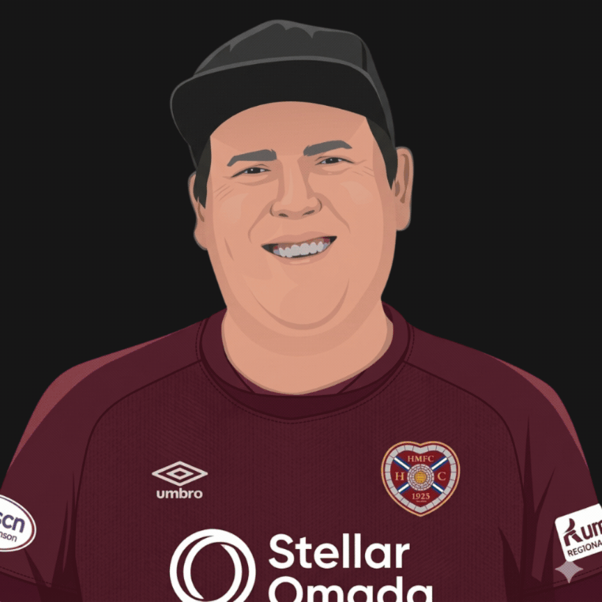 Auto-generated description: A smiling person wearing a dark cap and maroon sports jersey with various logos is depicted against a dark background.