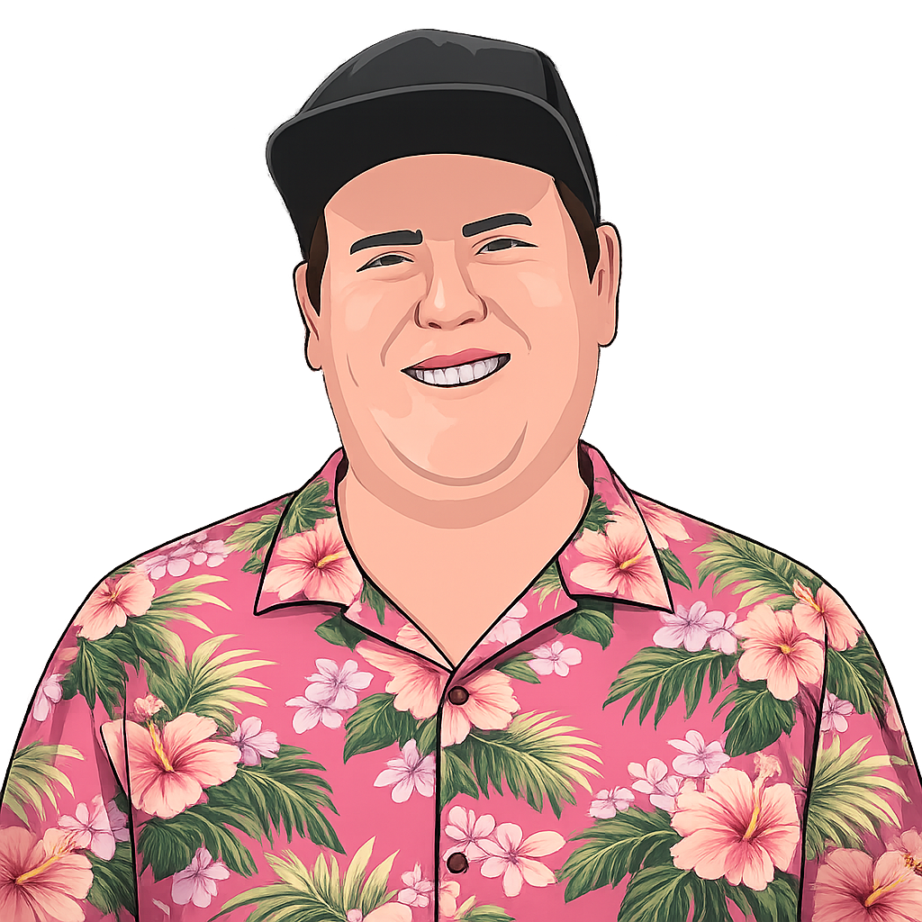 Auto-generated description: A person wearing a colorful, ornate pink and purple feathered costume with a sparkling design and a black cap is smiling.